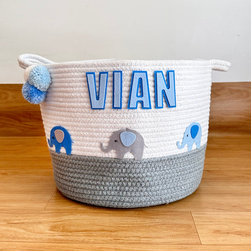 Blue Elephant - Grey Rope Personalised Storage Basket